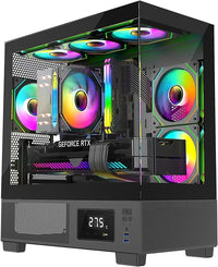 IONZ KZ-V Mini Aether mATX PC Gaming case, Tempered Glass, LED Temperature Display, includes 3 x120 mm ARGB Fans, Black